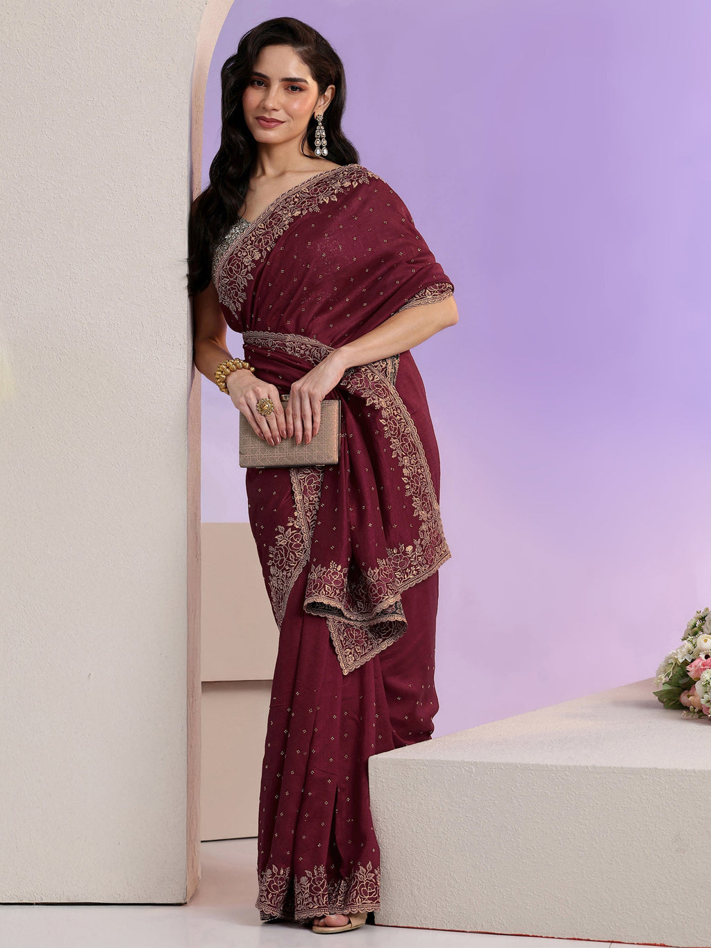 Maroon Stone Work Embelllished Silk Blend Saree