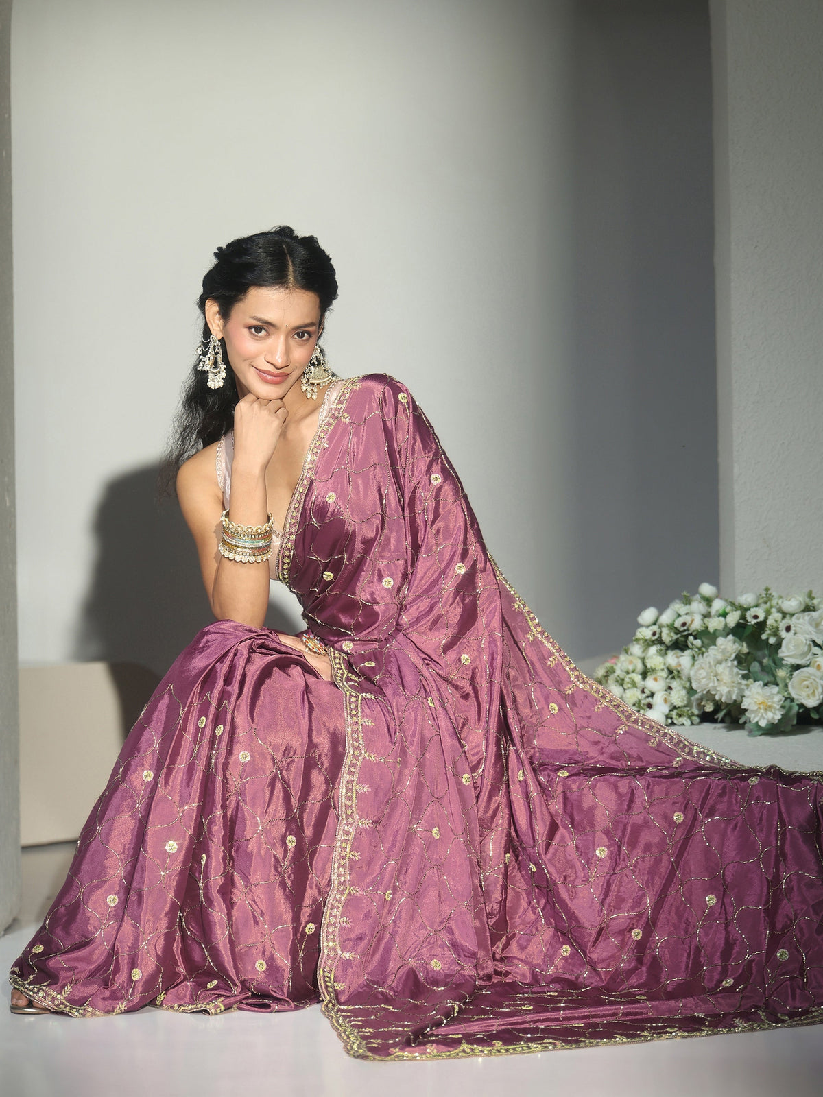 Mauve Embellished Silk Blend Saree