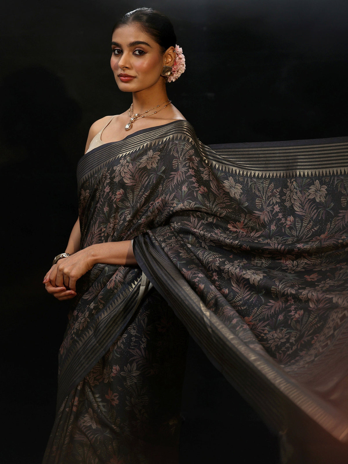Midnight Blue Floral Woven Design Silk Blend Saree
