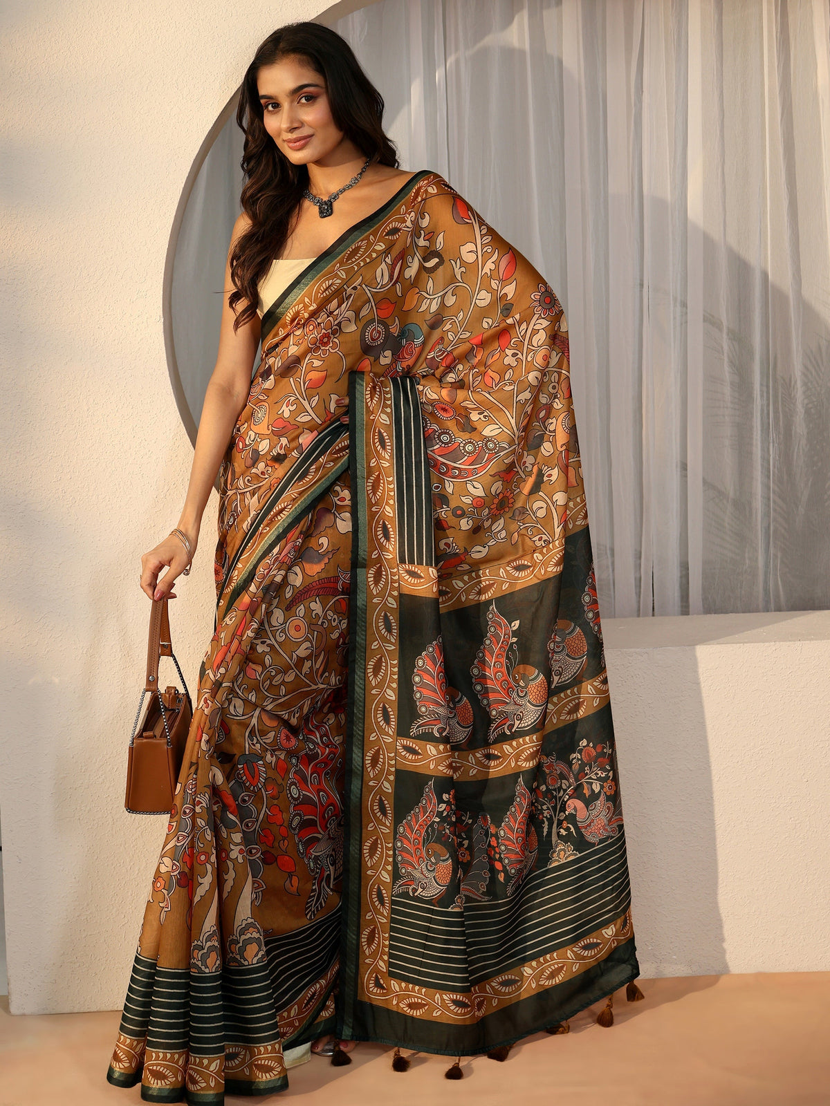Multi Colour Kalamkari Print Cotton Blend Saree