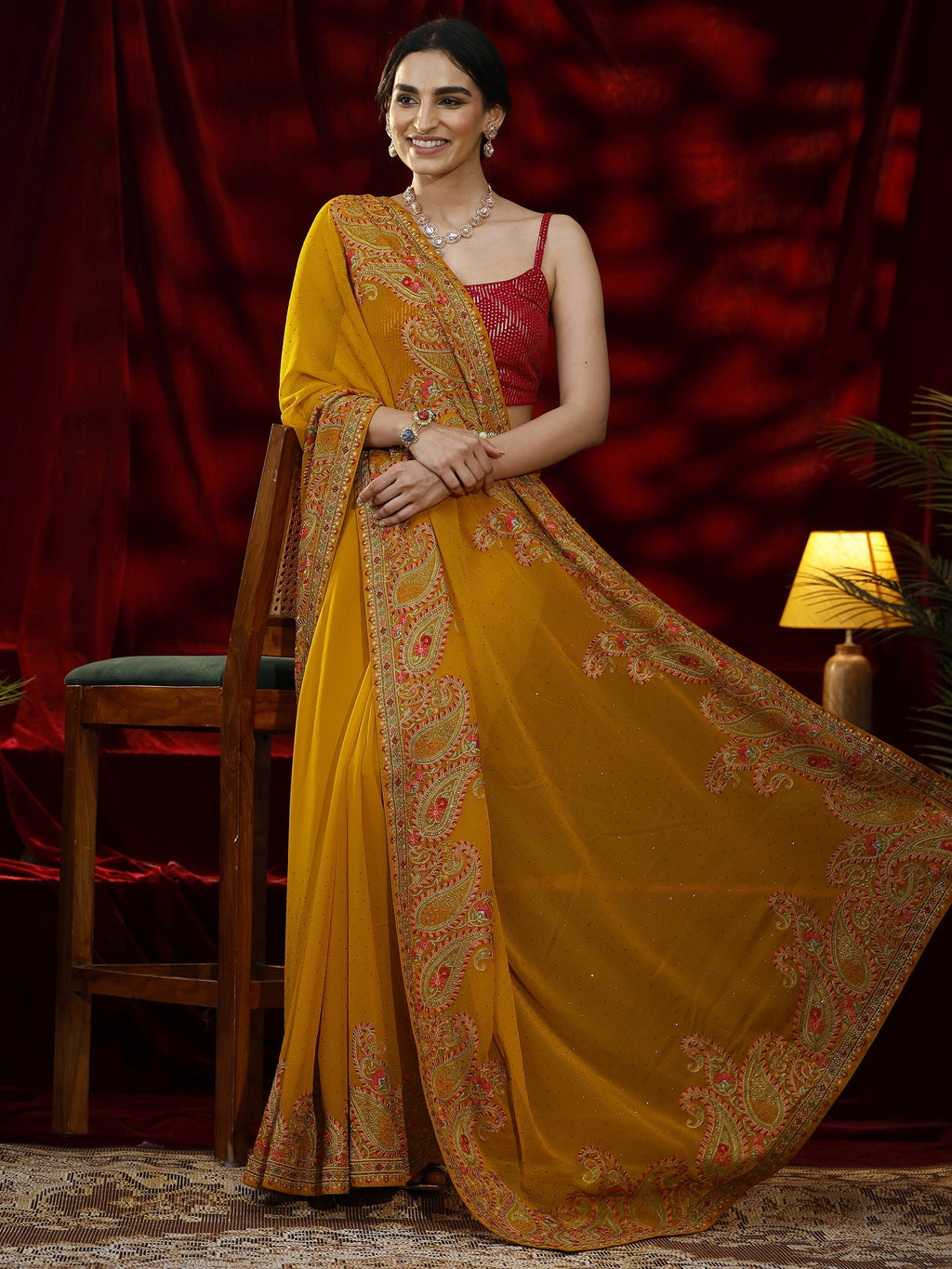 Mustard Embellished Georgette Saree