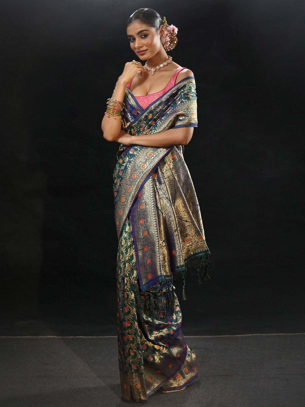 Navy Blue Meenakari Banarasi Silk Blend Saree