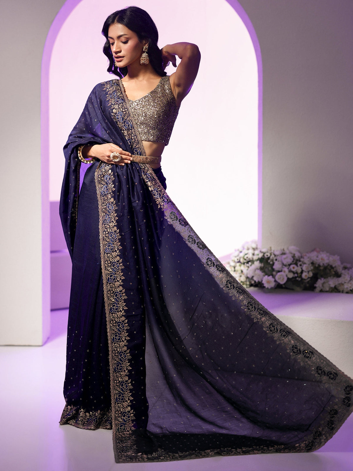 Navy Blue Stone Work Embelllished Silk Blend Saree