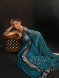 Navy Blue Striped Chiffon Saree with Paisley Border