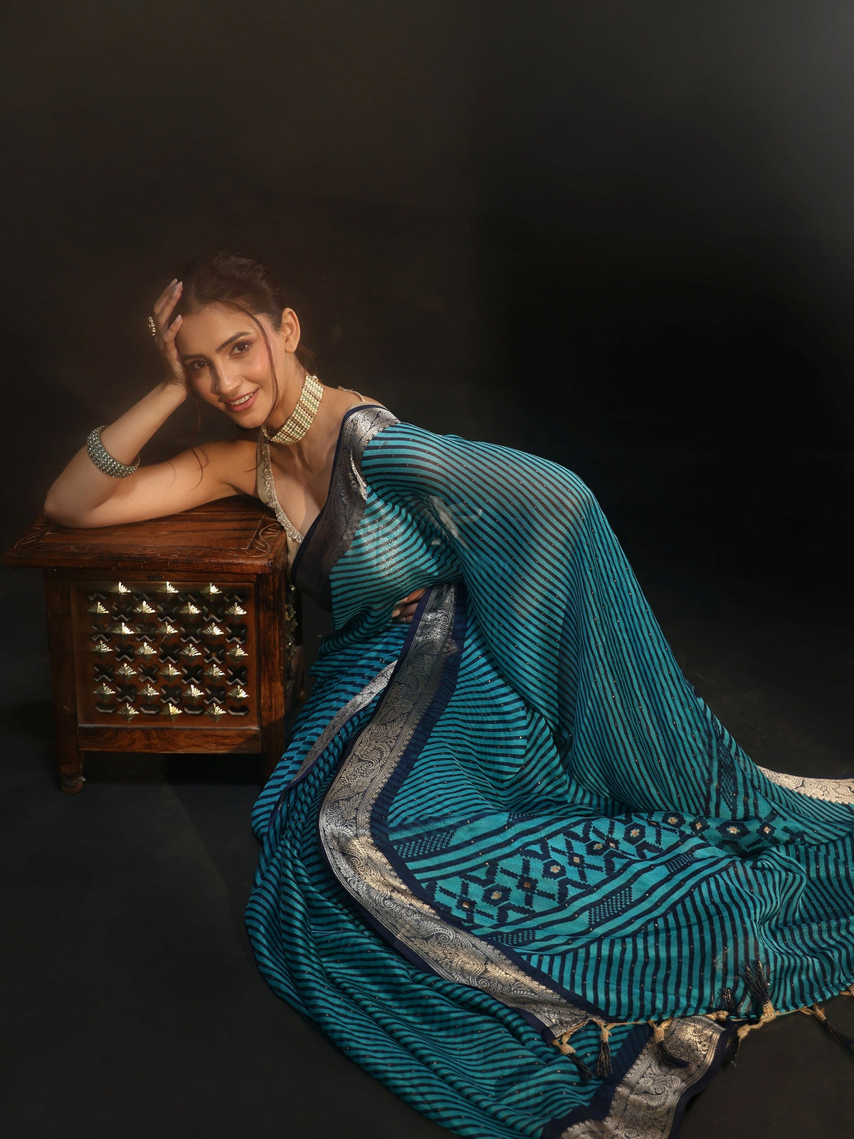 Navy Blue Striped Chiffon Saree with Paisley Border