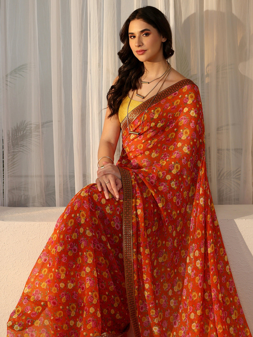 Orange Floral Printed Georgette Saree