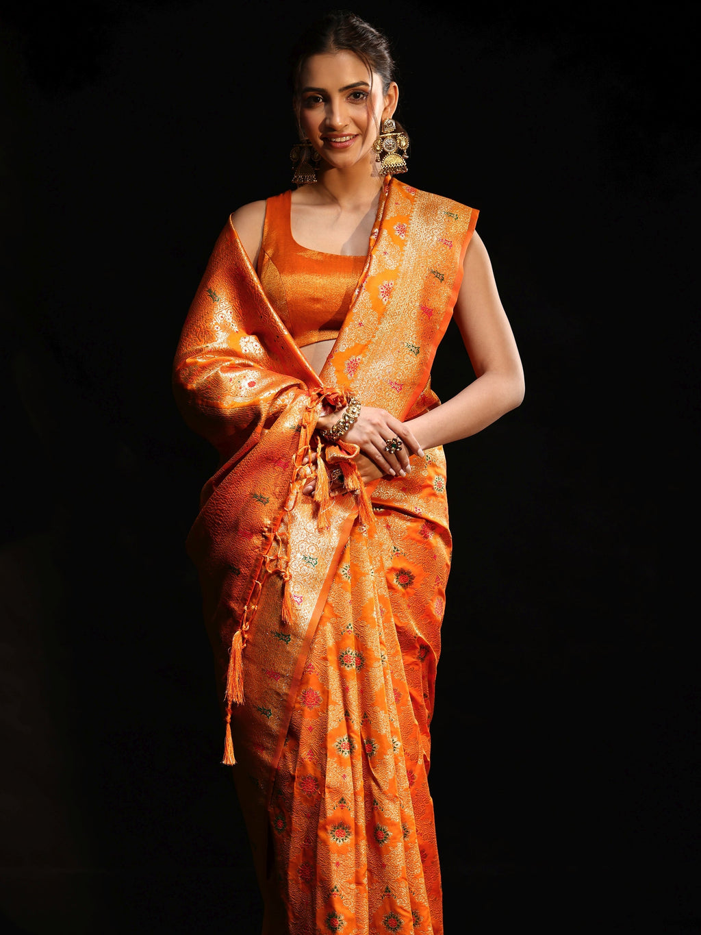 Orange Meenakari Banarasi Silk Blend Saree