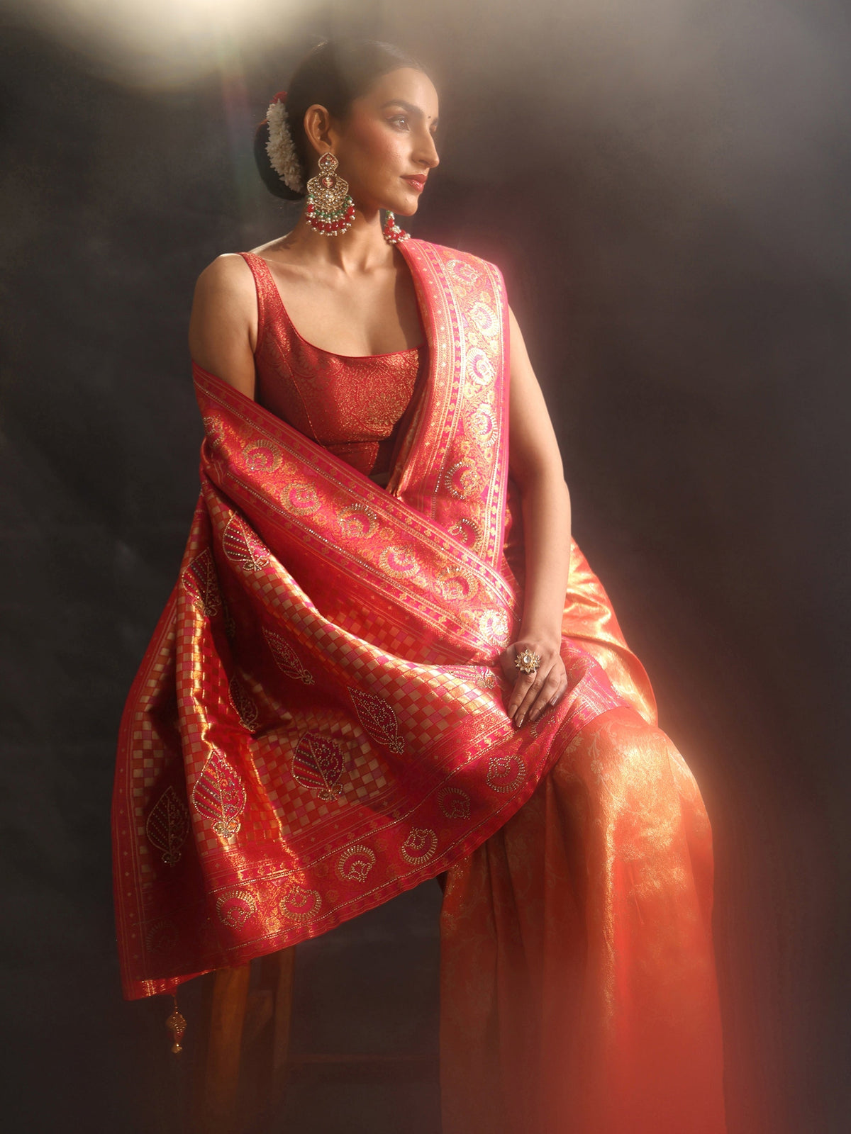 Orange Woven Design Silk Blend Saree with Embellished Border