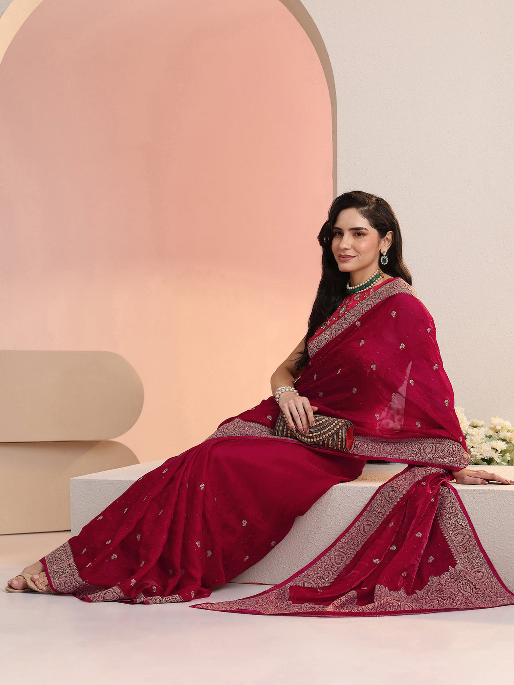 Rani Pink Embroidered Tissue Saree