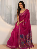 Rani Pink Woven Design Floral Pallu Silk Blend Saree