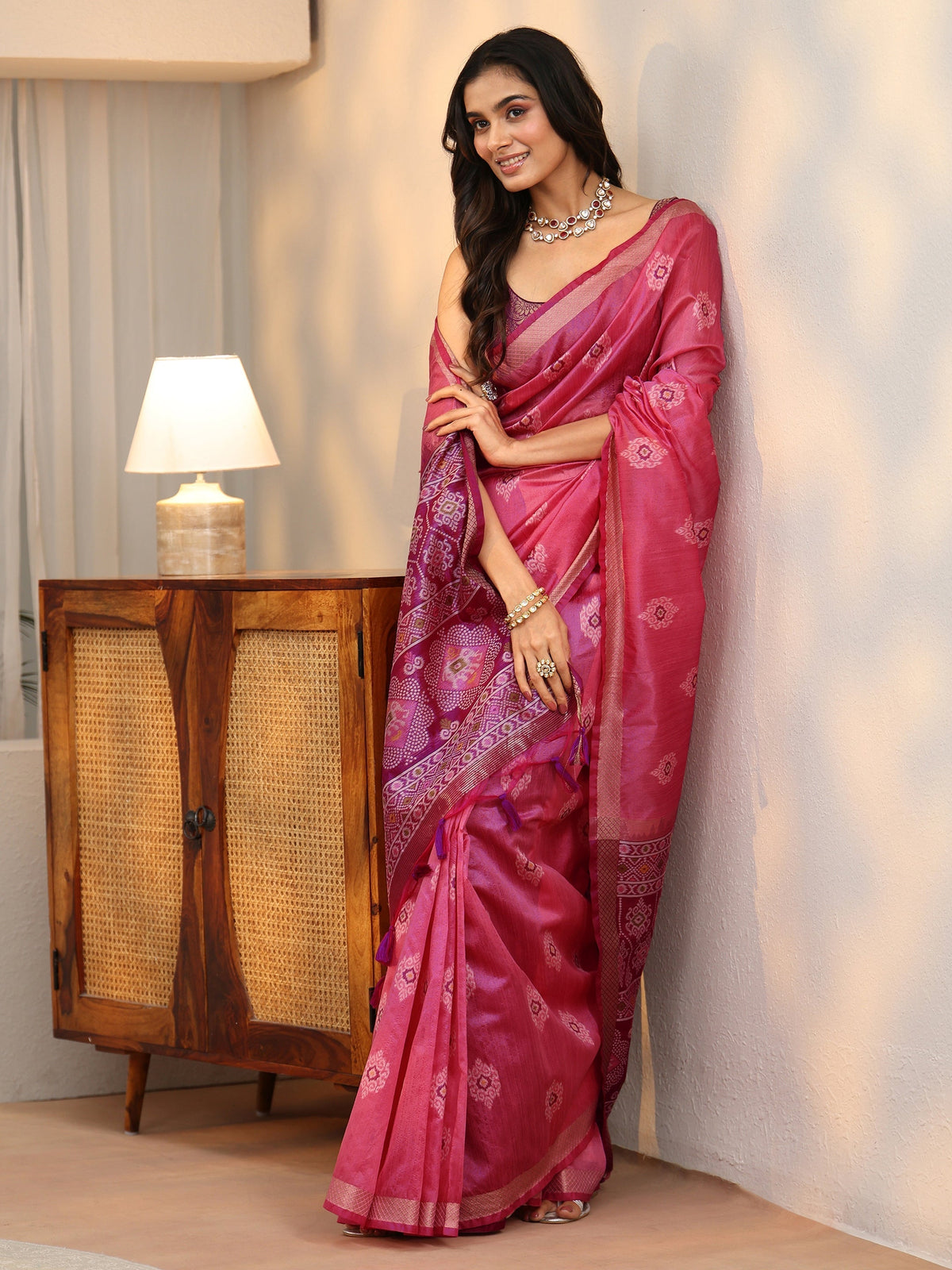 Rani Pink Woven Design Silk Blend Saree