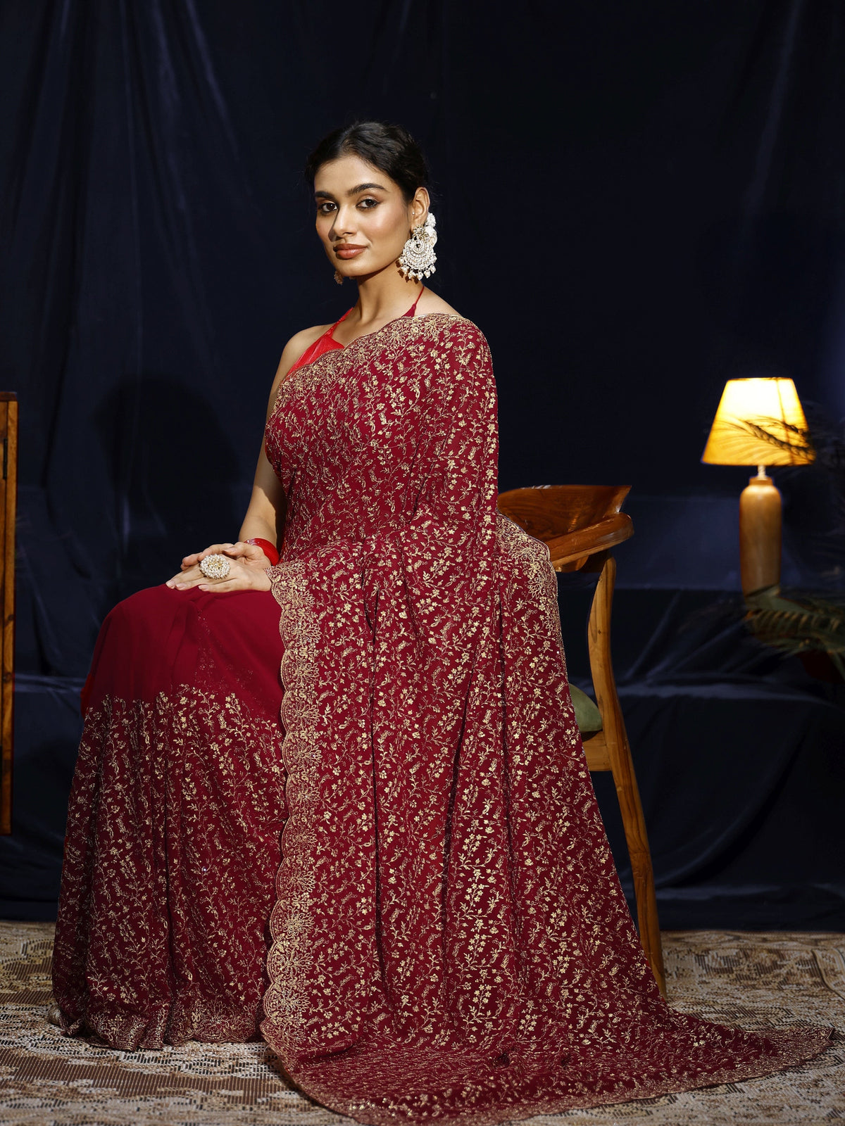 Red Floral Embroidered Georgette Saree
