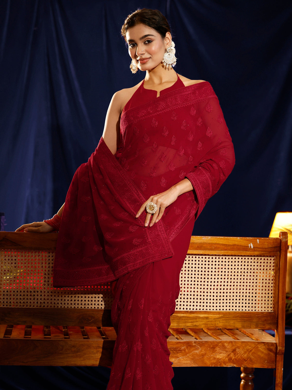 Red Floral Embroidered Georgette Saree