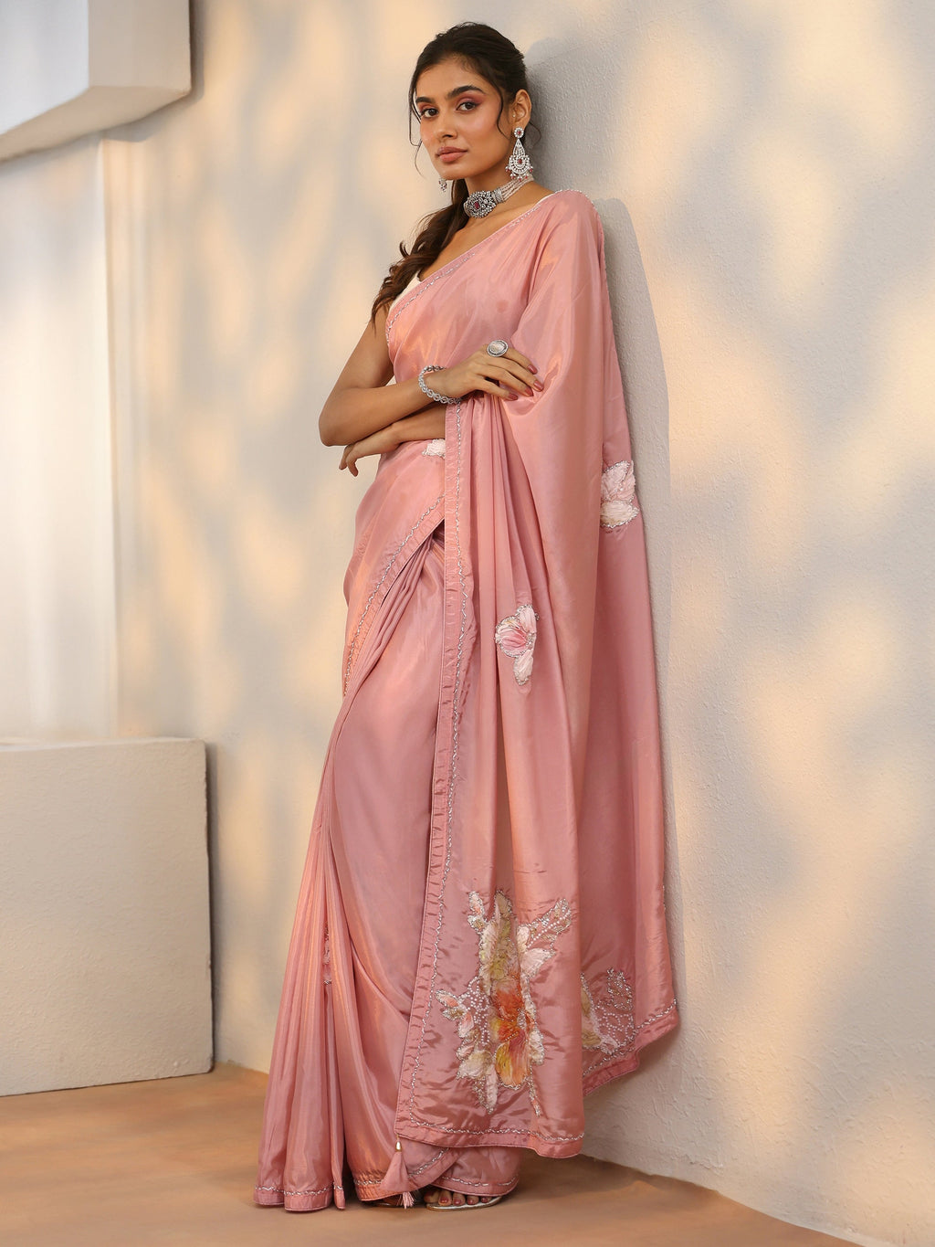Rose Pink Floral Applique Design Satin Saree