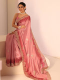 Rose Pink Floral Embroidered Ombre Silk Blend Saree