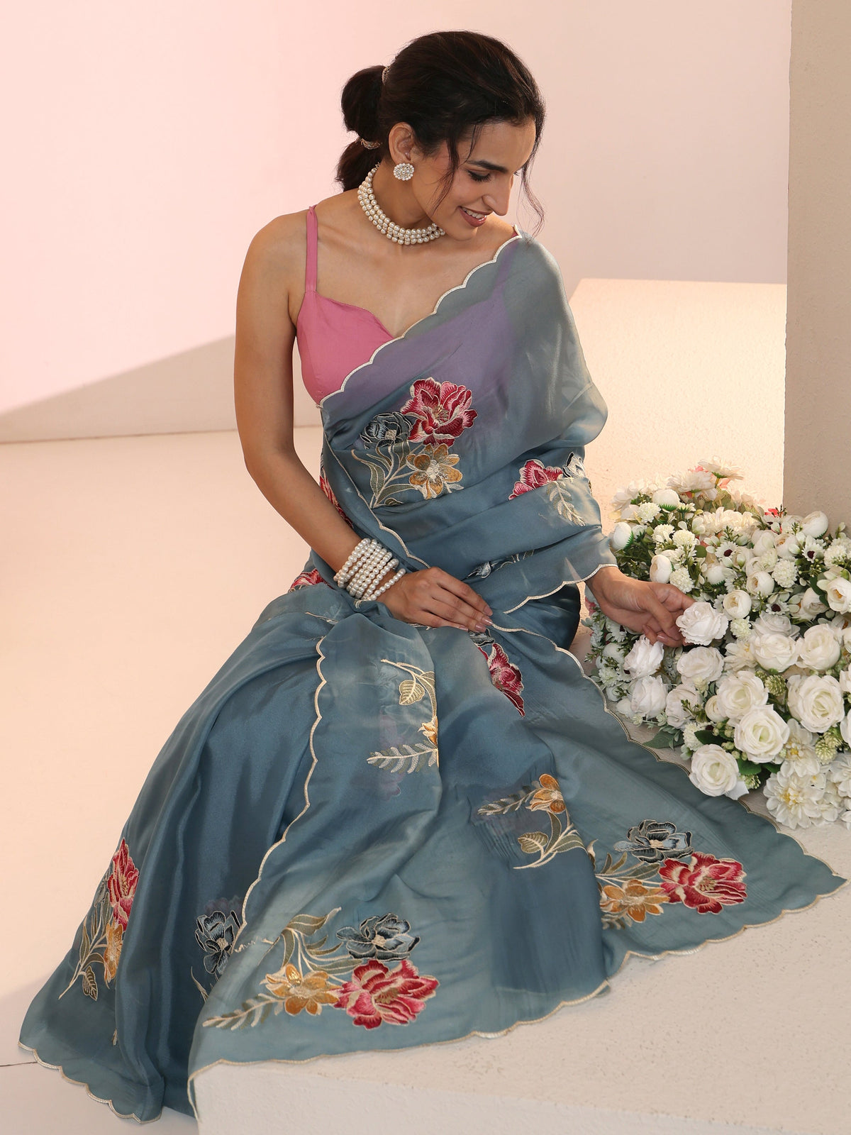 Steel Blue Floral Embroidered Tissue Saree with Scalloped Border