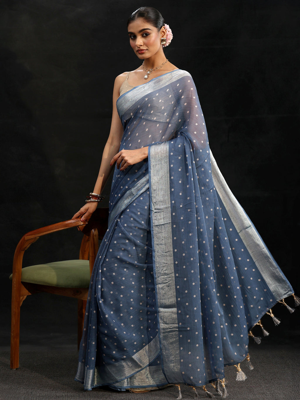 Steel Blue Floral Printed Chiffon Saree