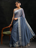 Steel Blue Floral Printed Chiffon Saree