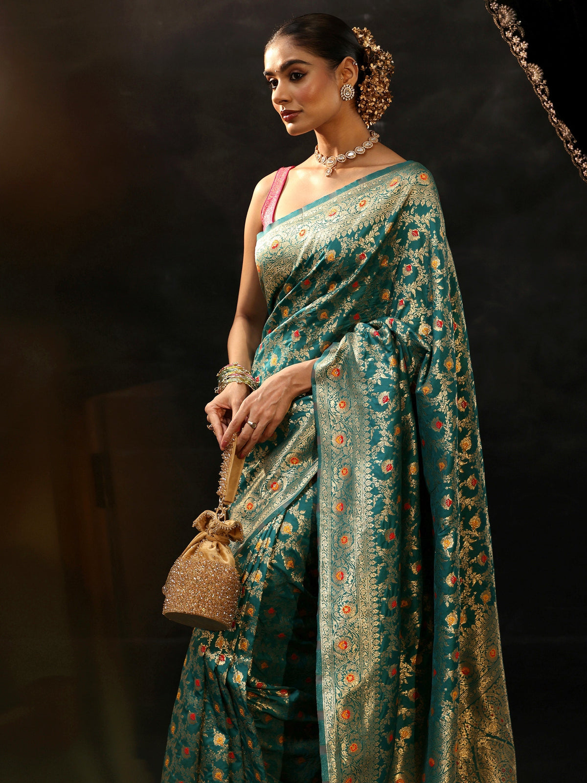 Teal Green Meenakari Banarasi Silk Blend Saree