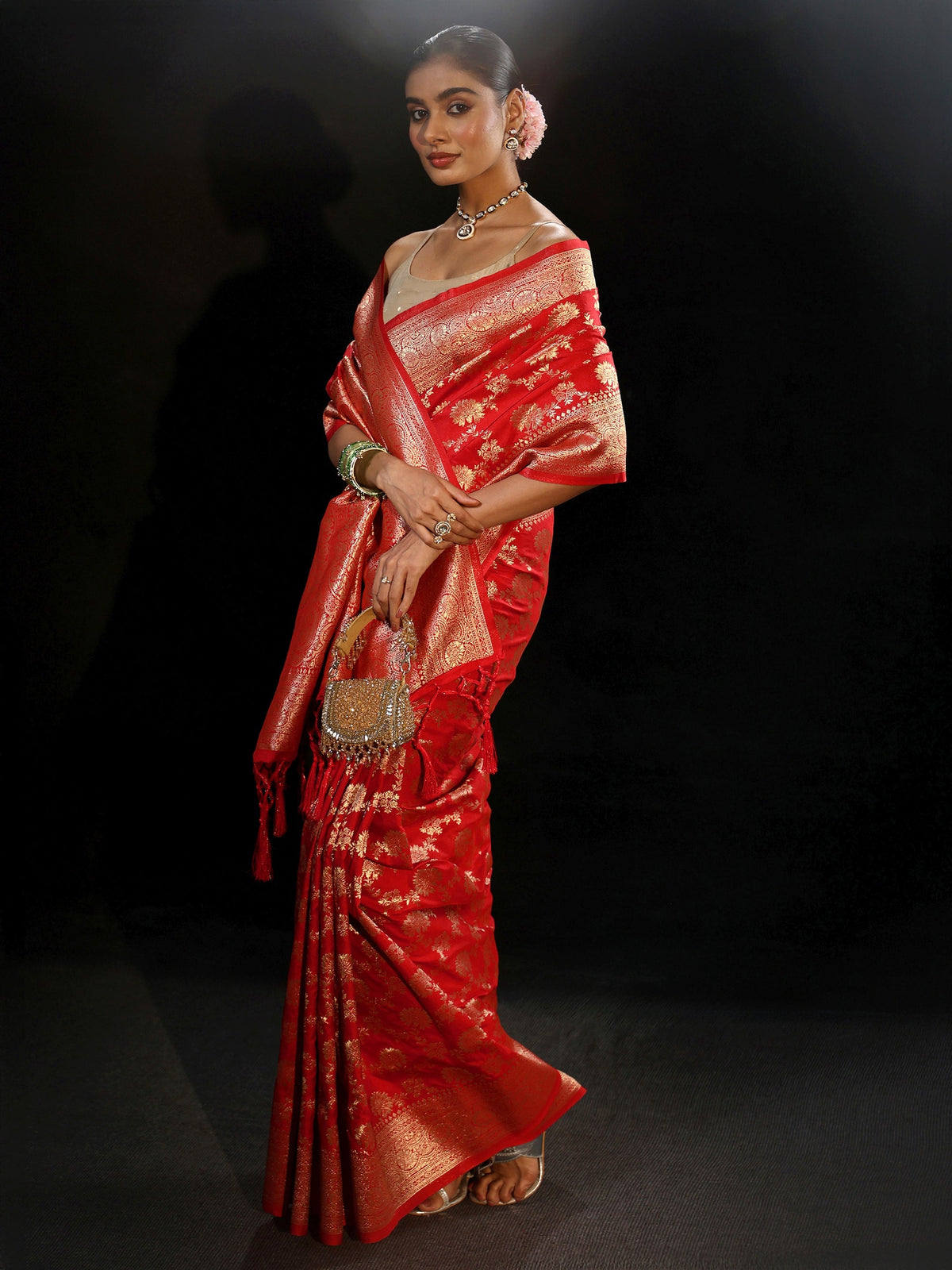 Vermilion Red Banarasi Silk Blend Saree