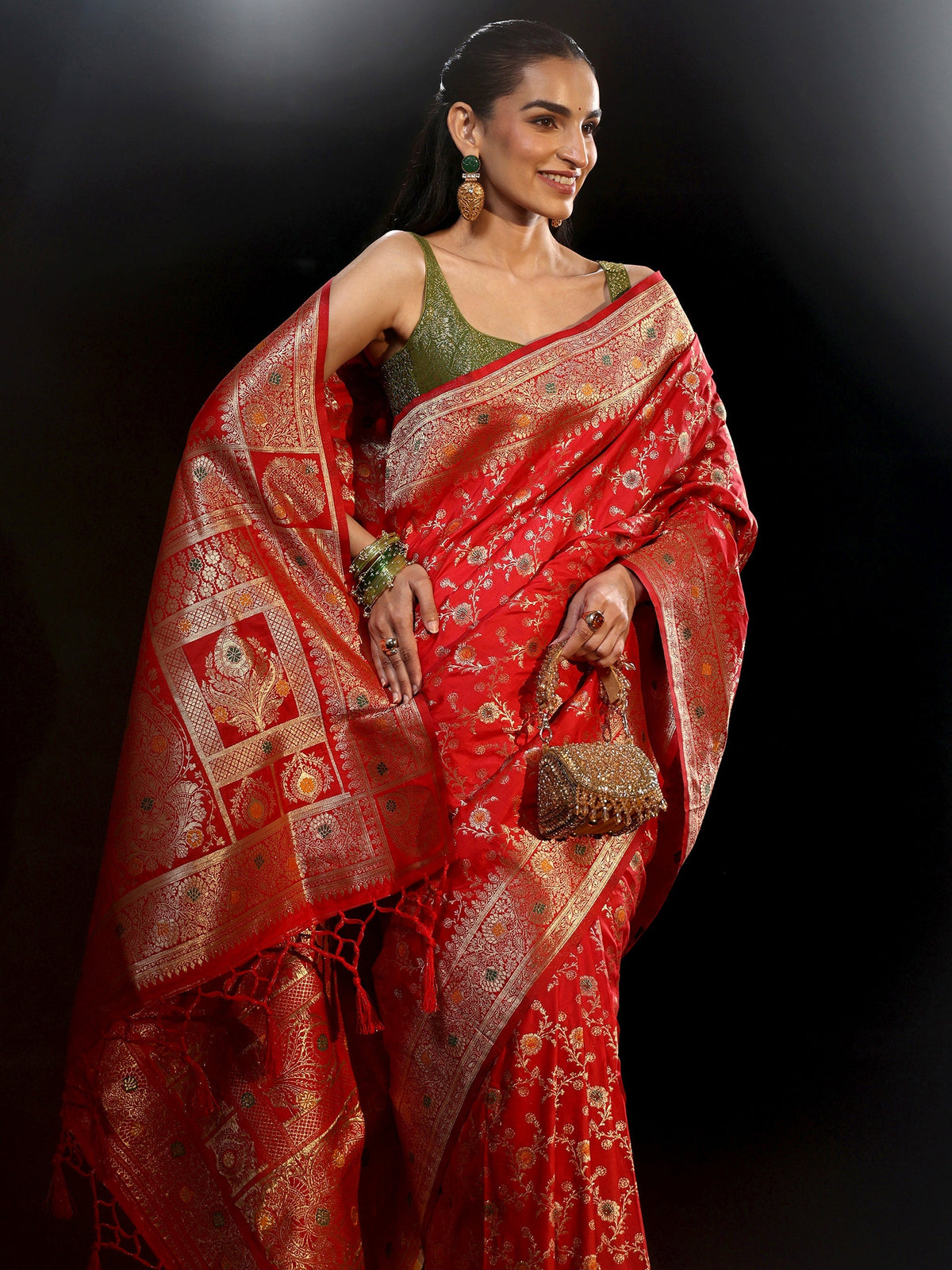 Vermilion Red Meenakari Banarasi Silk Blend Saree