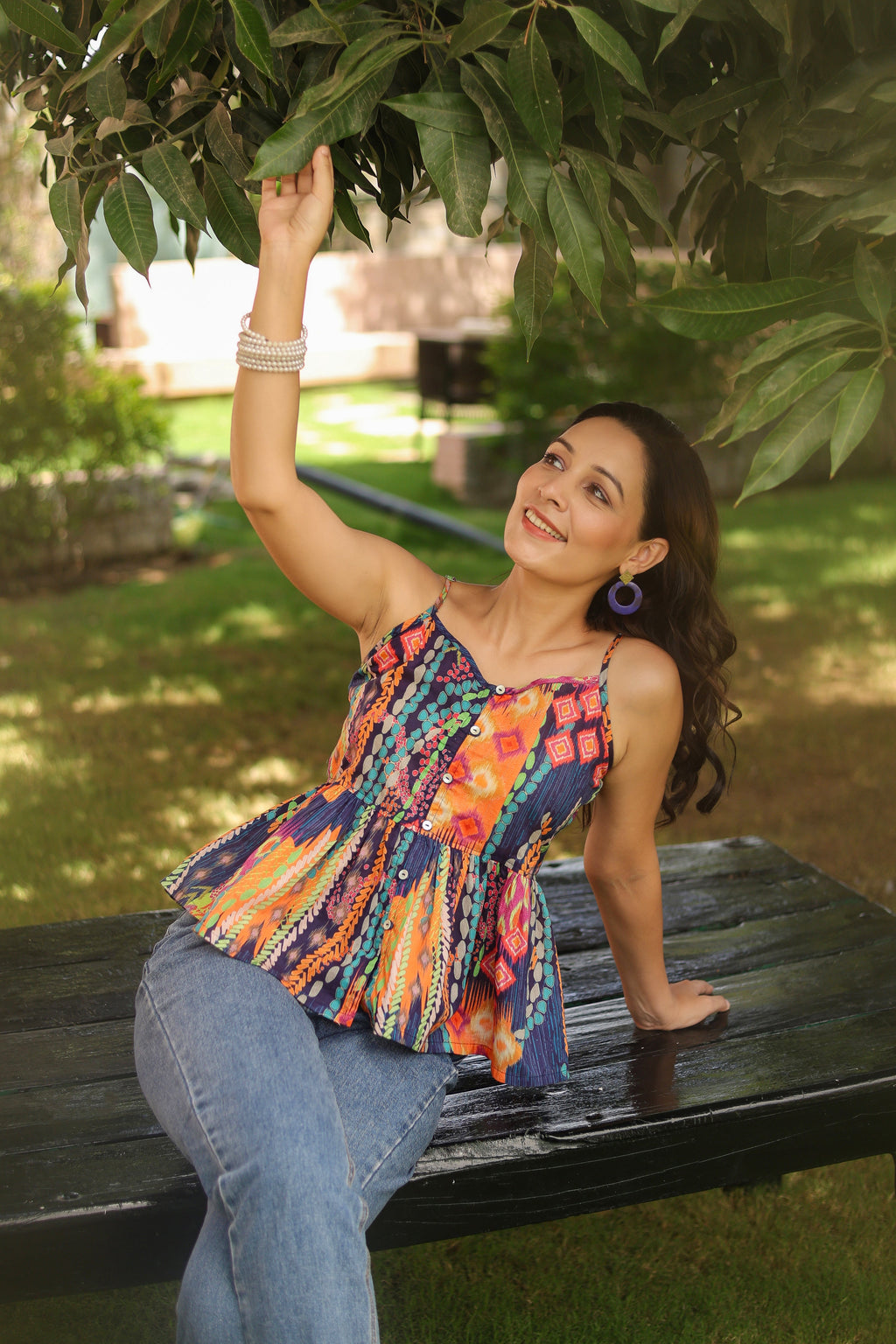 Abstract Printed Shoulder Straps Pure Cotton Peplum Crop Top