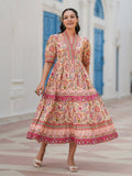 Women Floral Print Puff Sleeve Fit & Flare Cotton Midi Dress