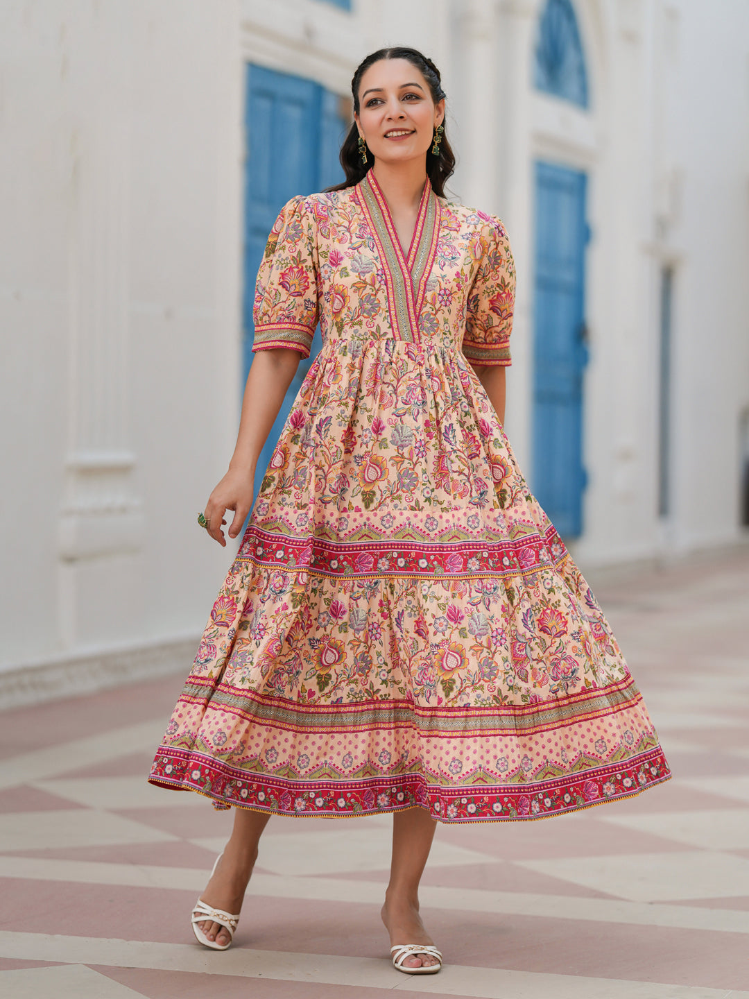 Women Floral Print Puff Sleeve Fit & Flare Cotton Midi Dress