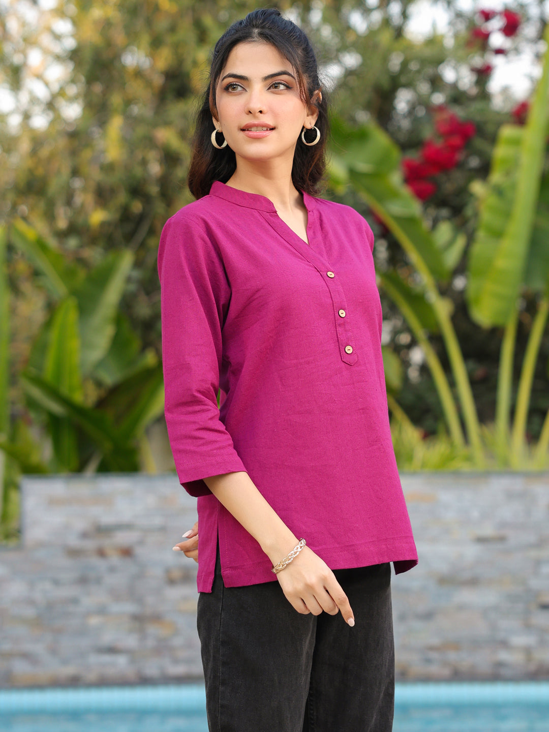 Women Mandarin Collar Cotton Regular Top