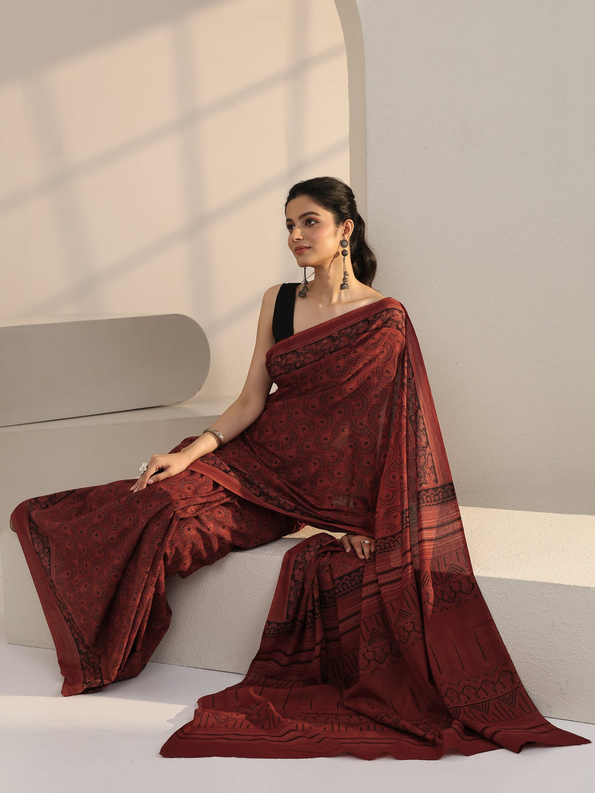 Rust Red Ajrakh Print Cotton Saree