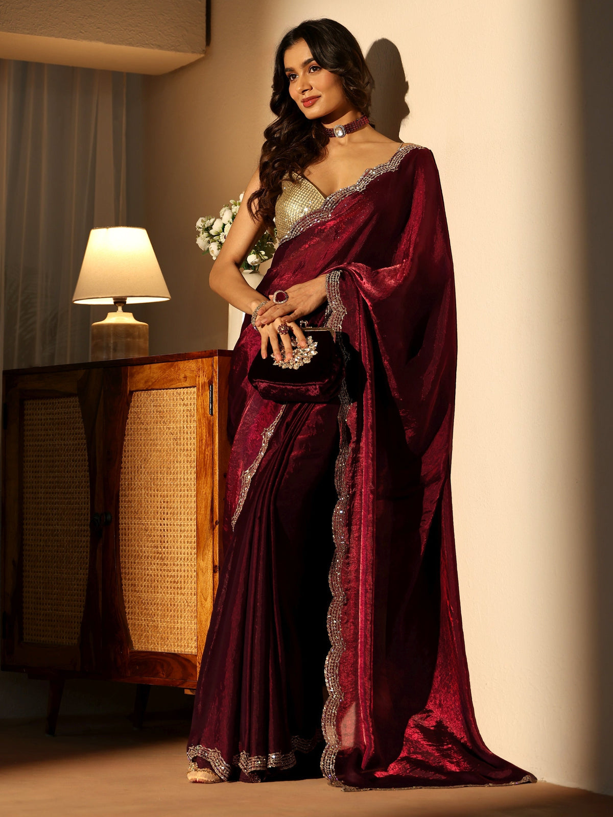 Maroon Silk Blend Saree