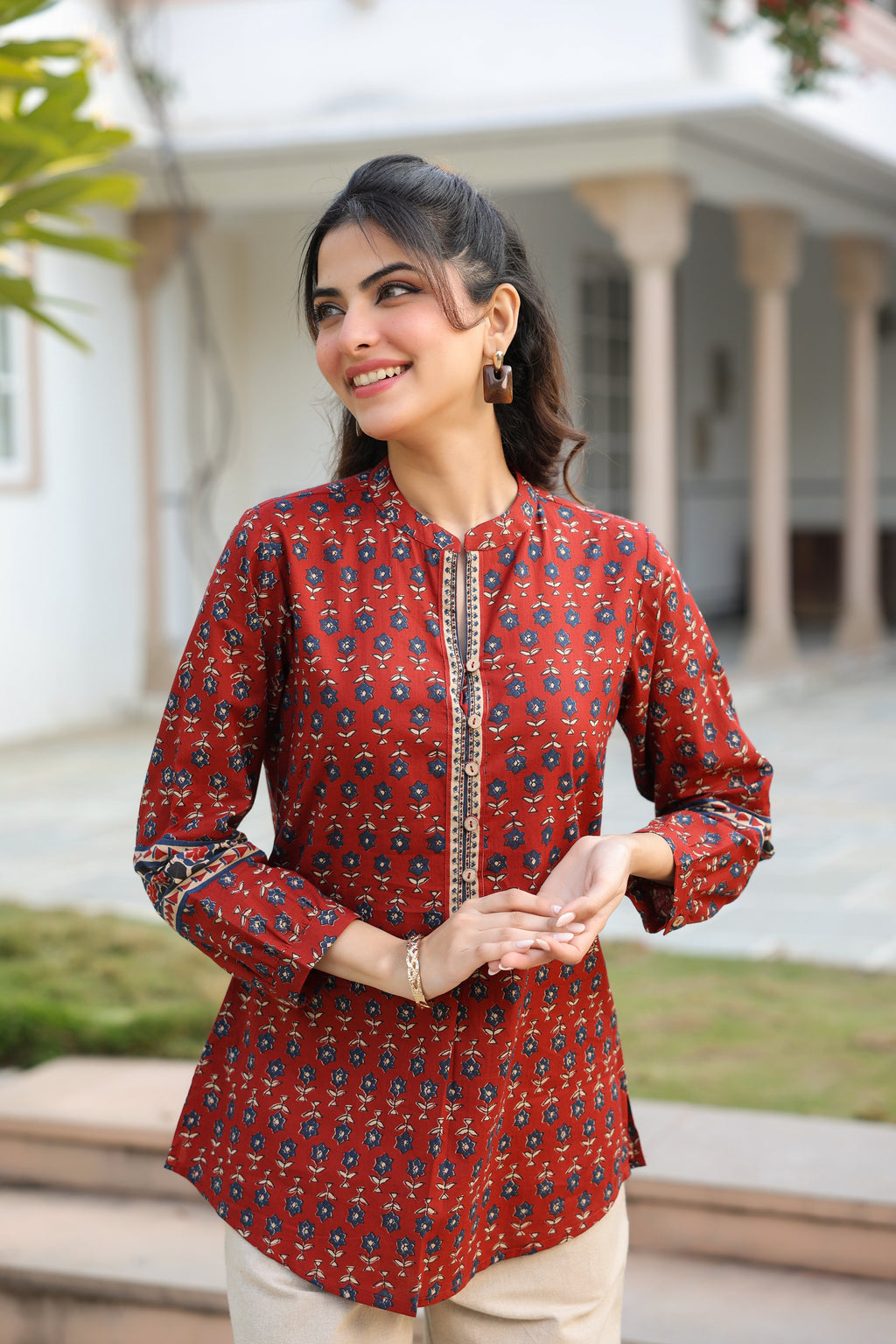 Print Mandarin Collar Cotton Top