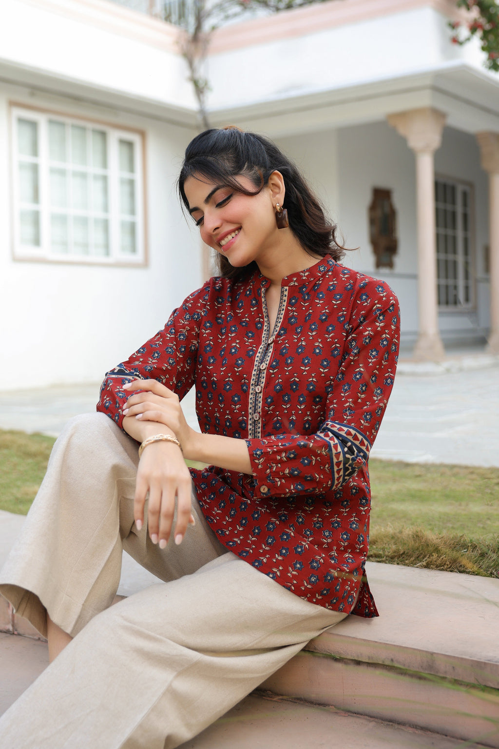 Print Mandarin Collar Cotton Top