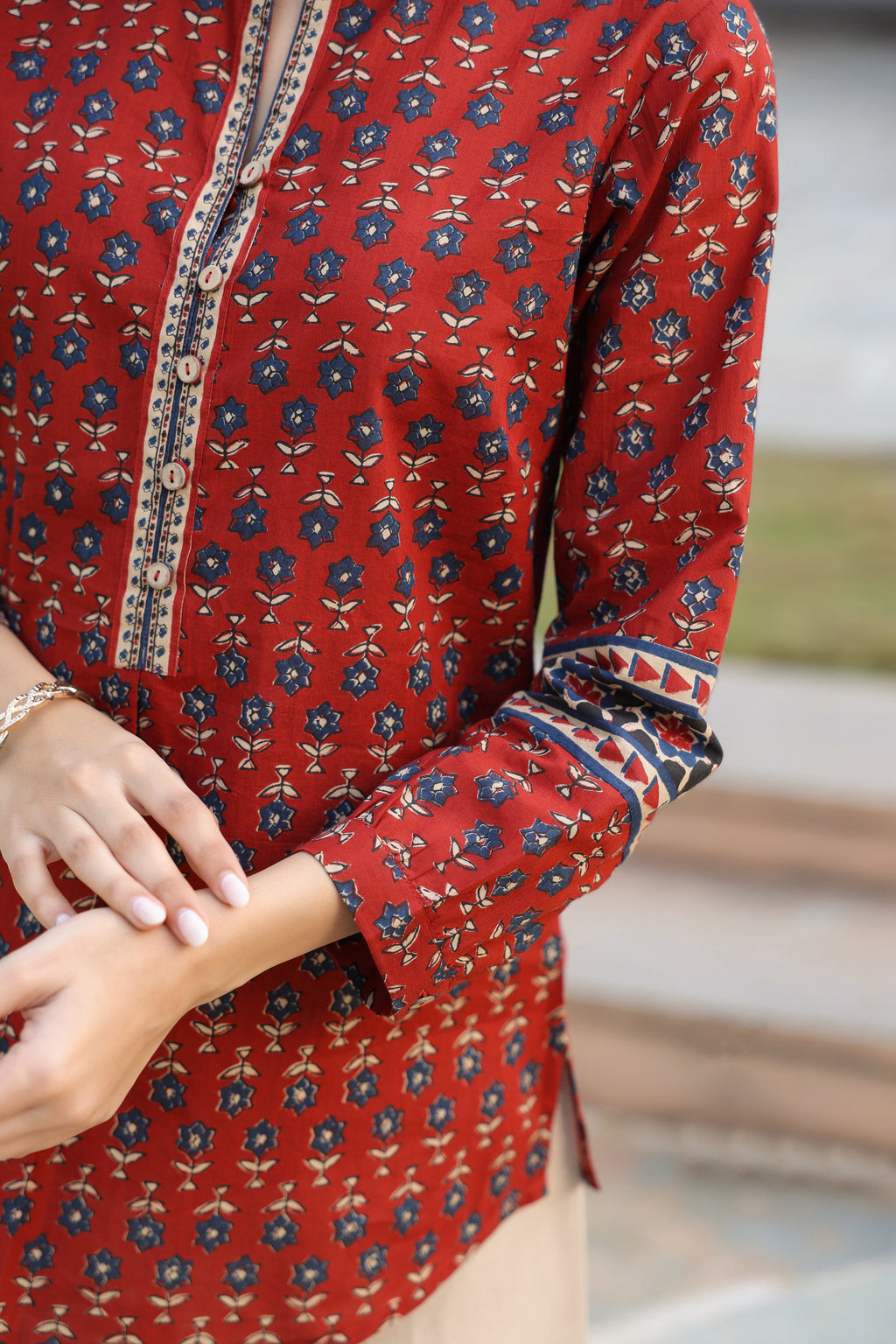 Print Mandarin Collar Cotton Top