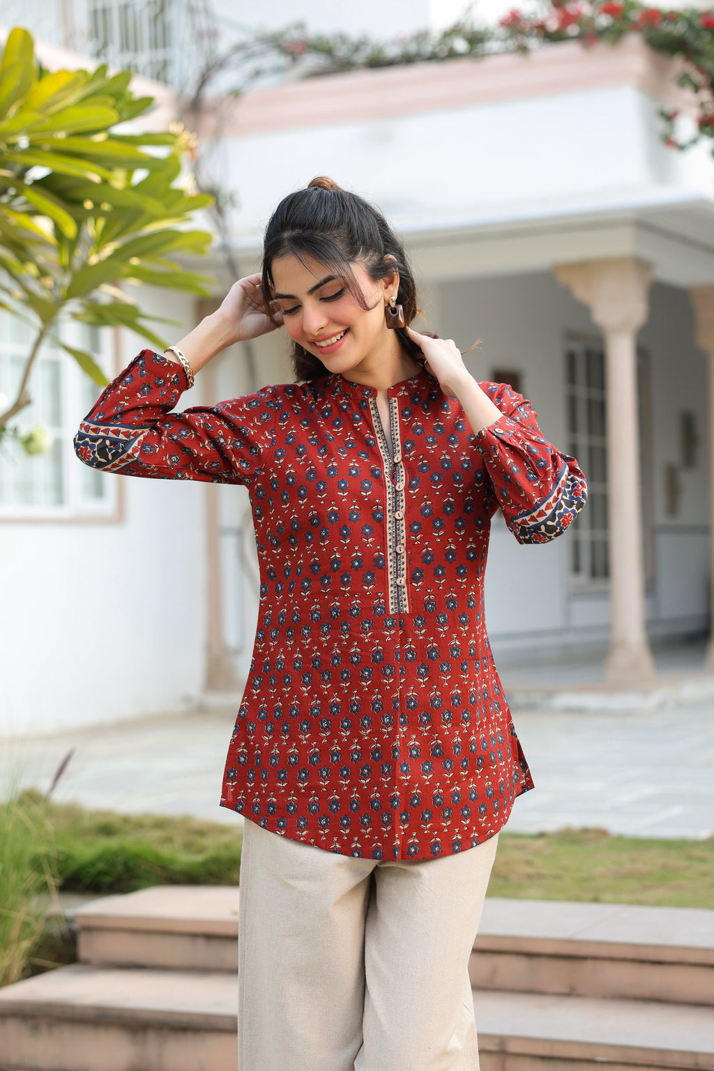 Print Mandarin Collar Cotton Top