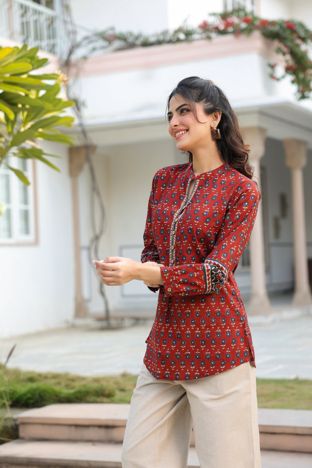 Print Mandarin Collar Cotton Top