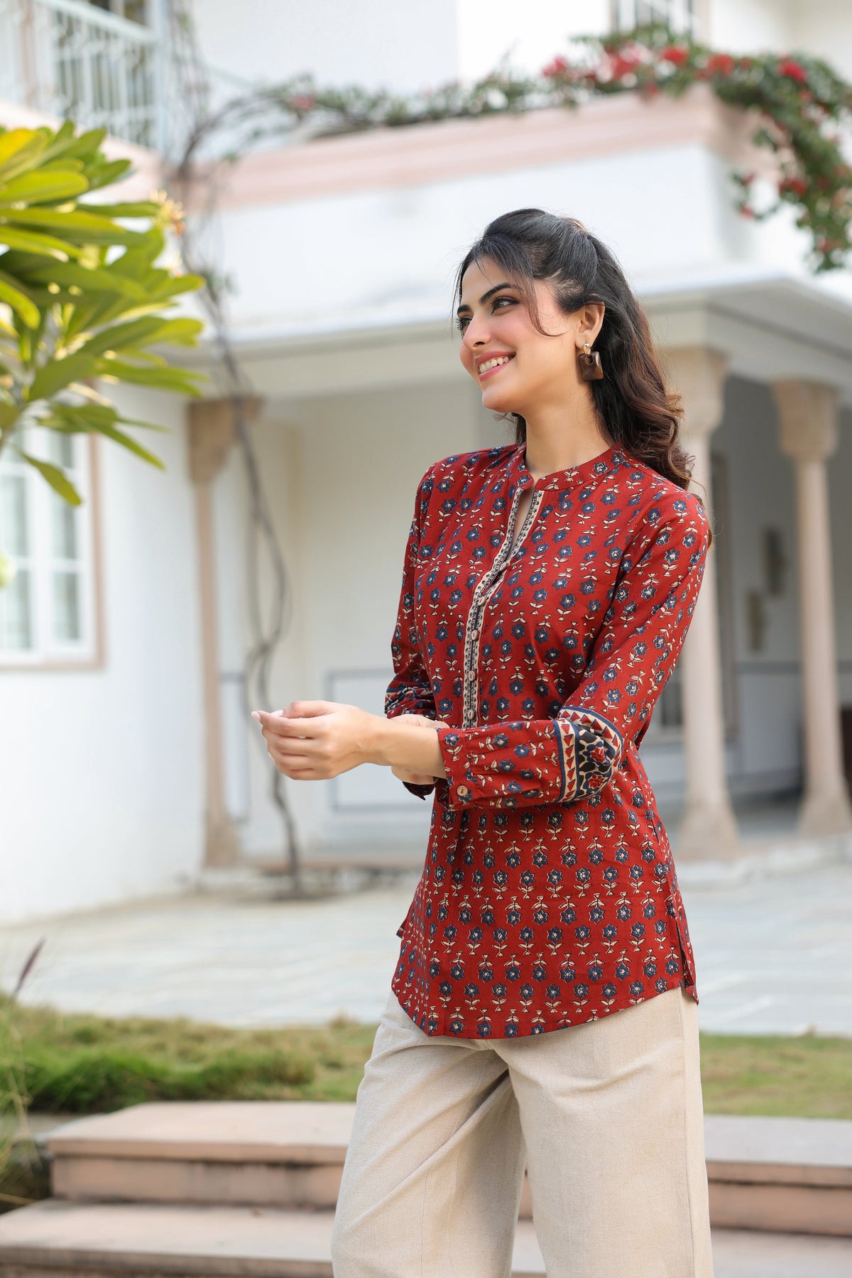Print Mandarin Collar Cotton Top