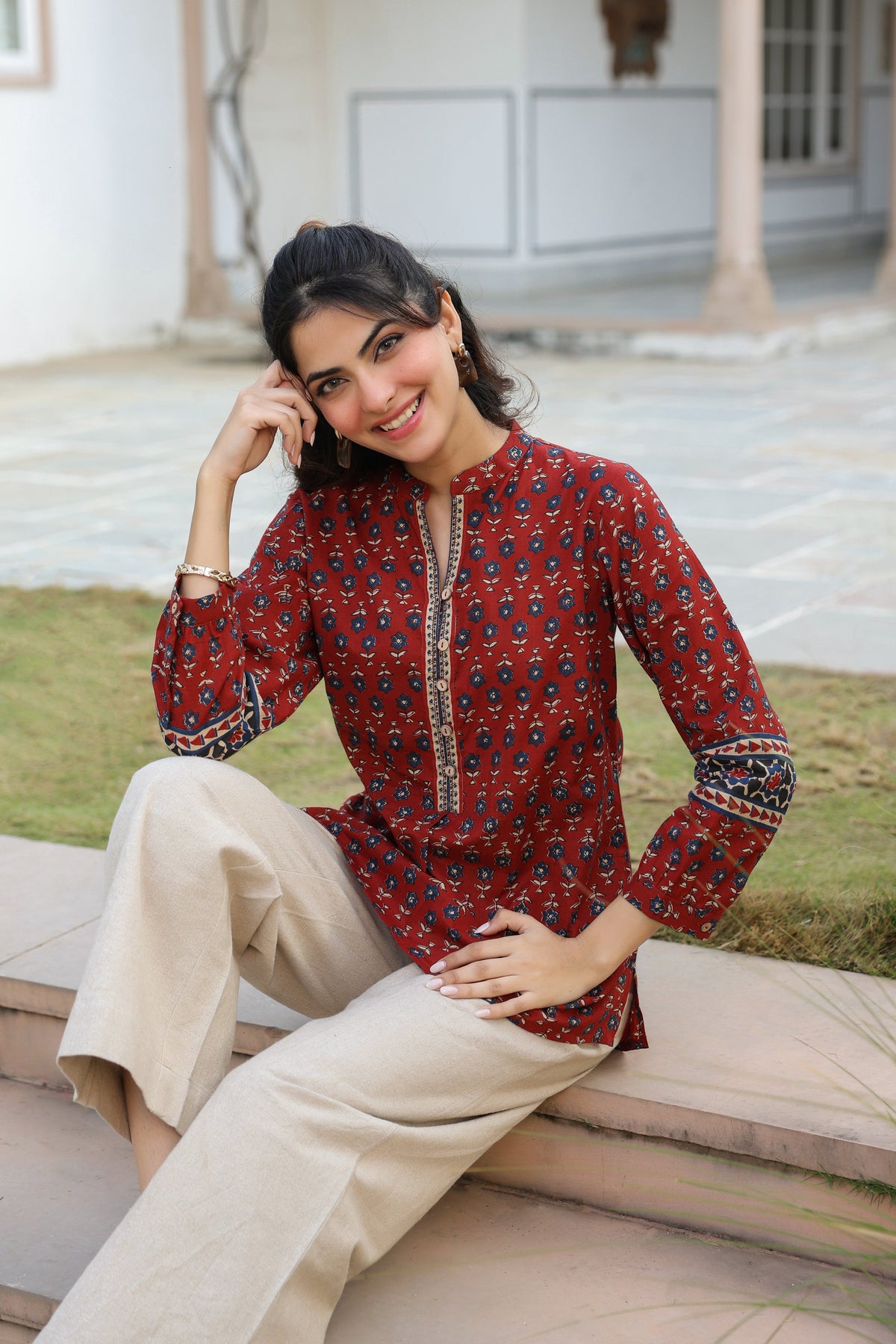 Print Mandarin Collar Cotton Top