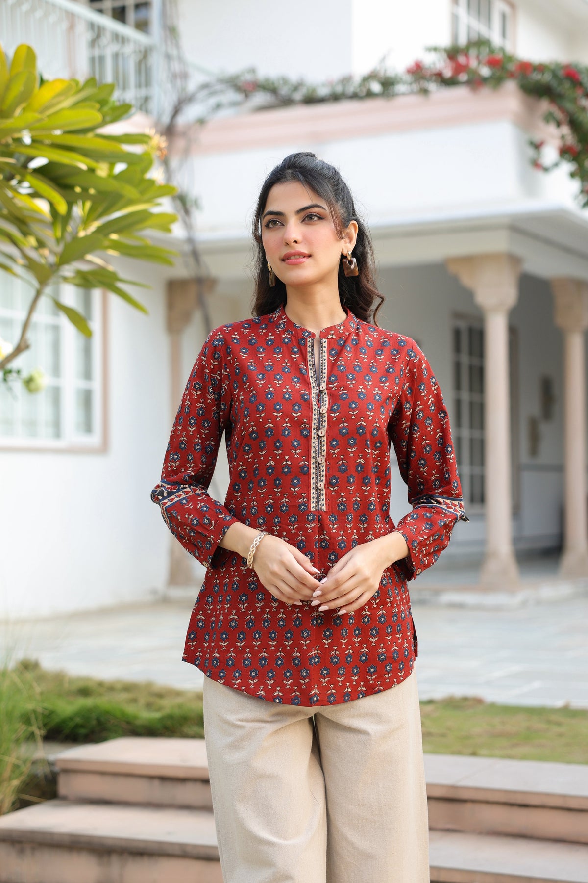Print Mandarin Collar Cotton Top