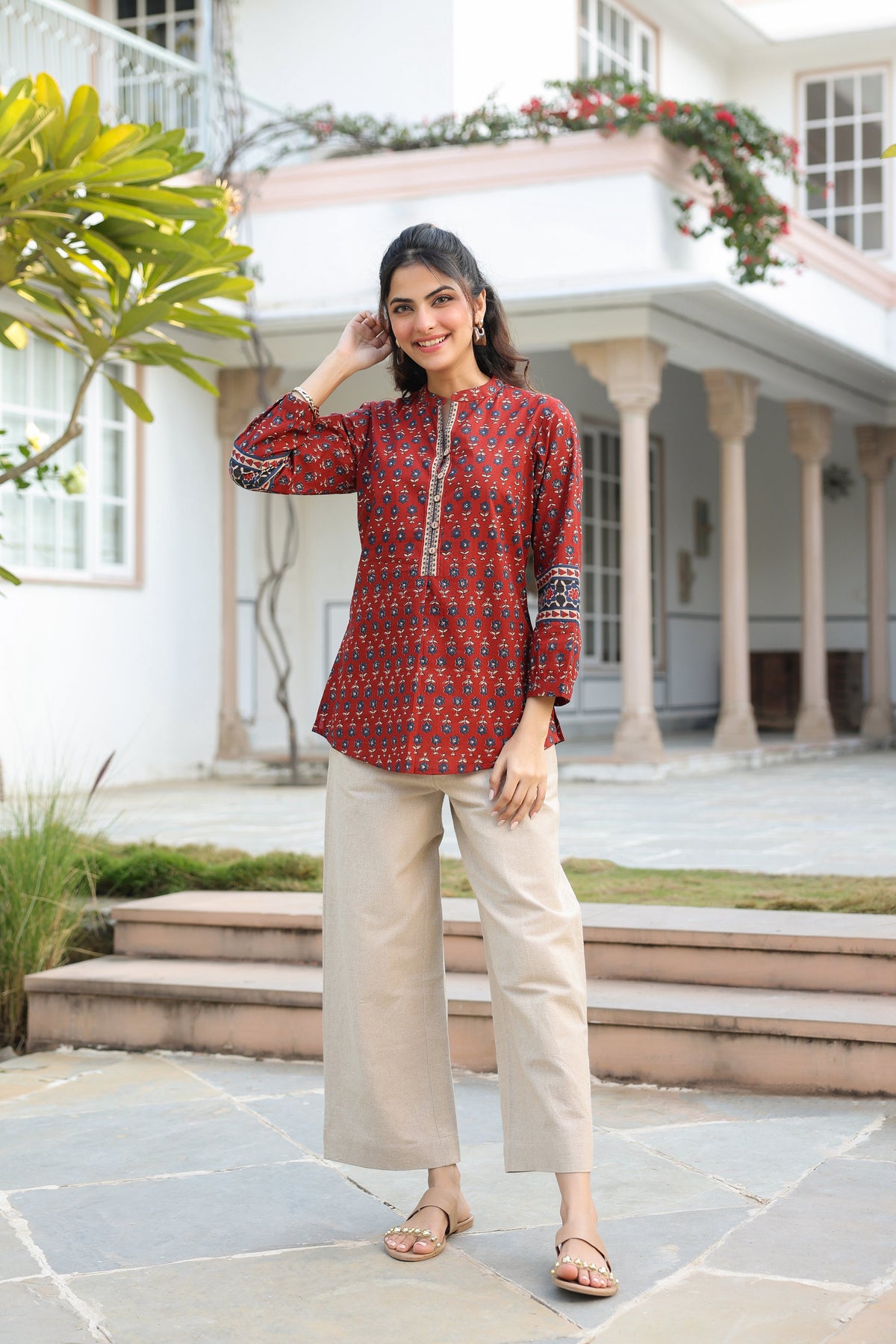 Print Mandarin Collar Cotton Top