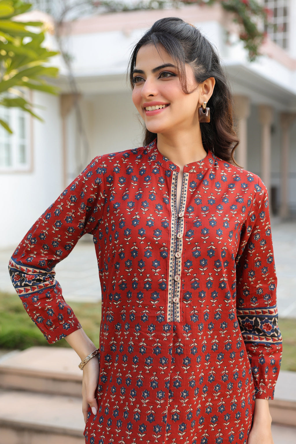 Print Mandarin Collar Cotton Top