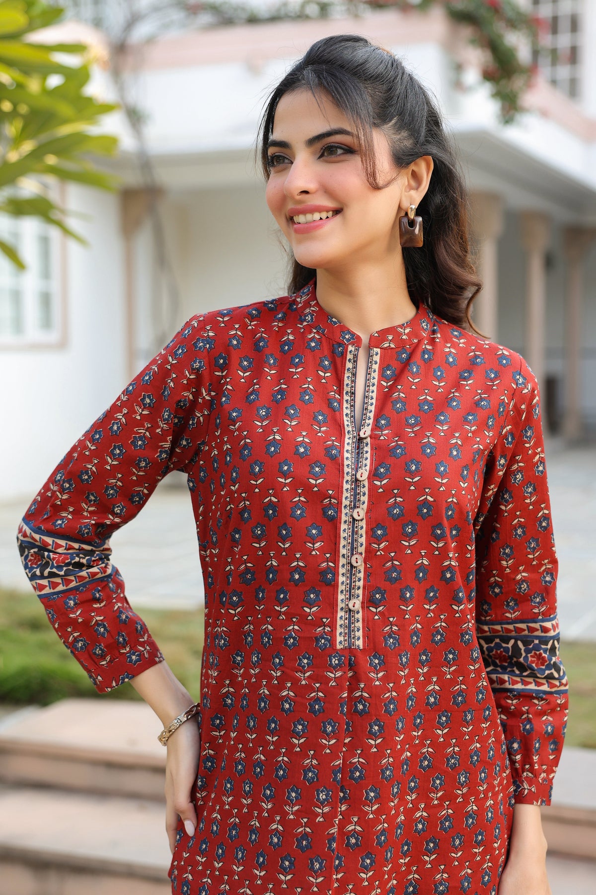 Print Mandarin Collar Cotton Top