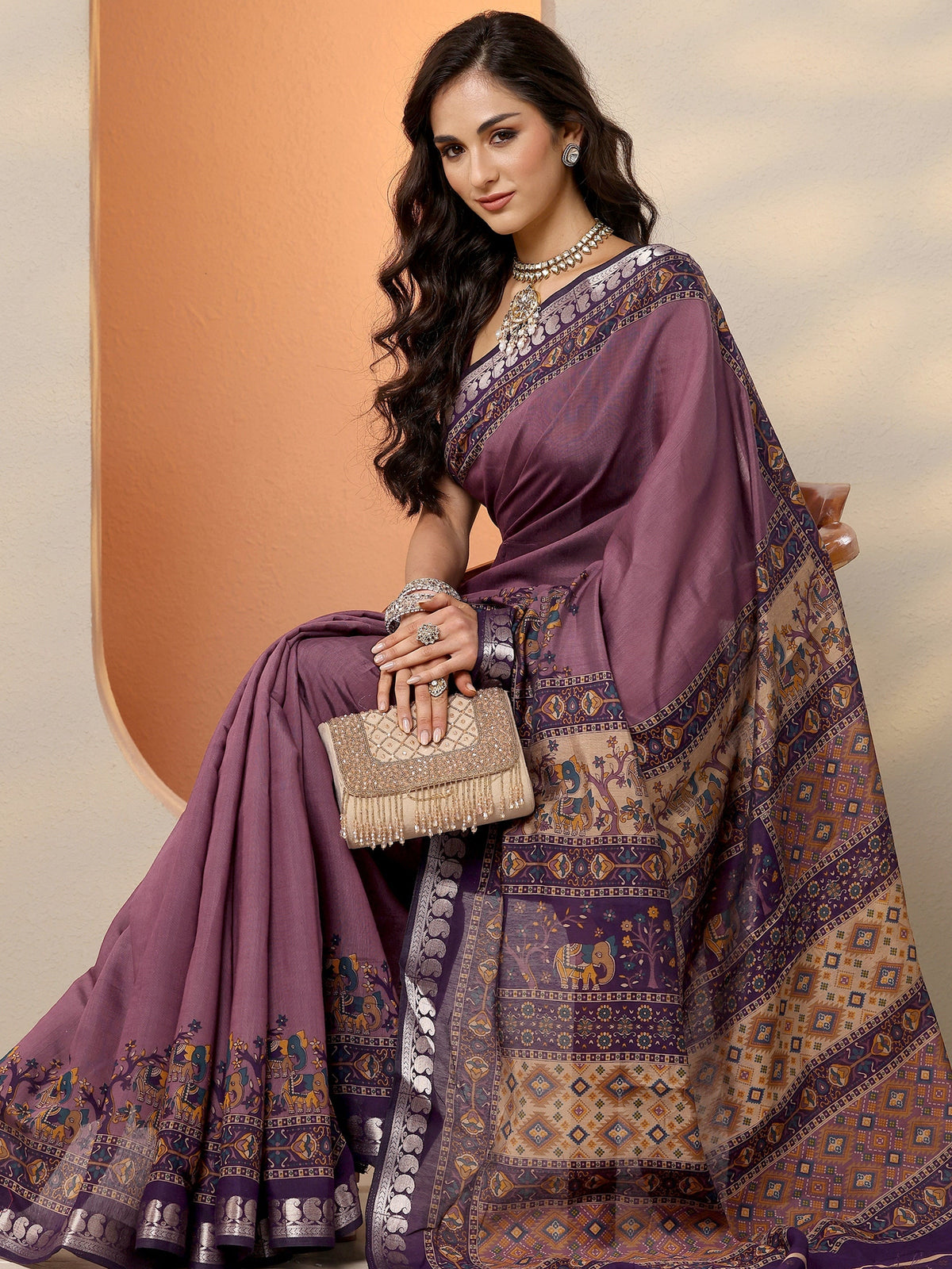 Mauve Printed Silk Blend Saree With Unstitched Blouse Piece