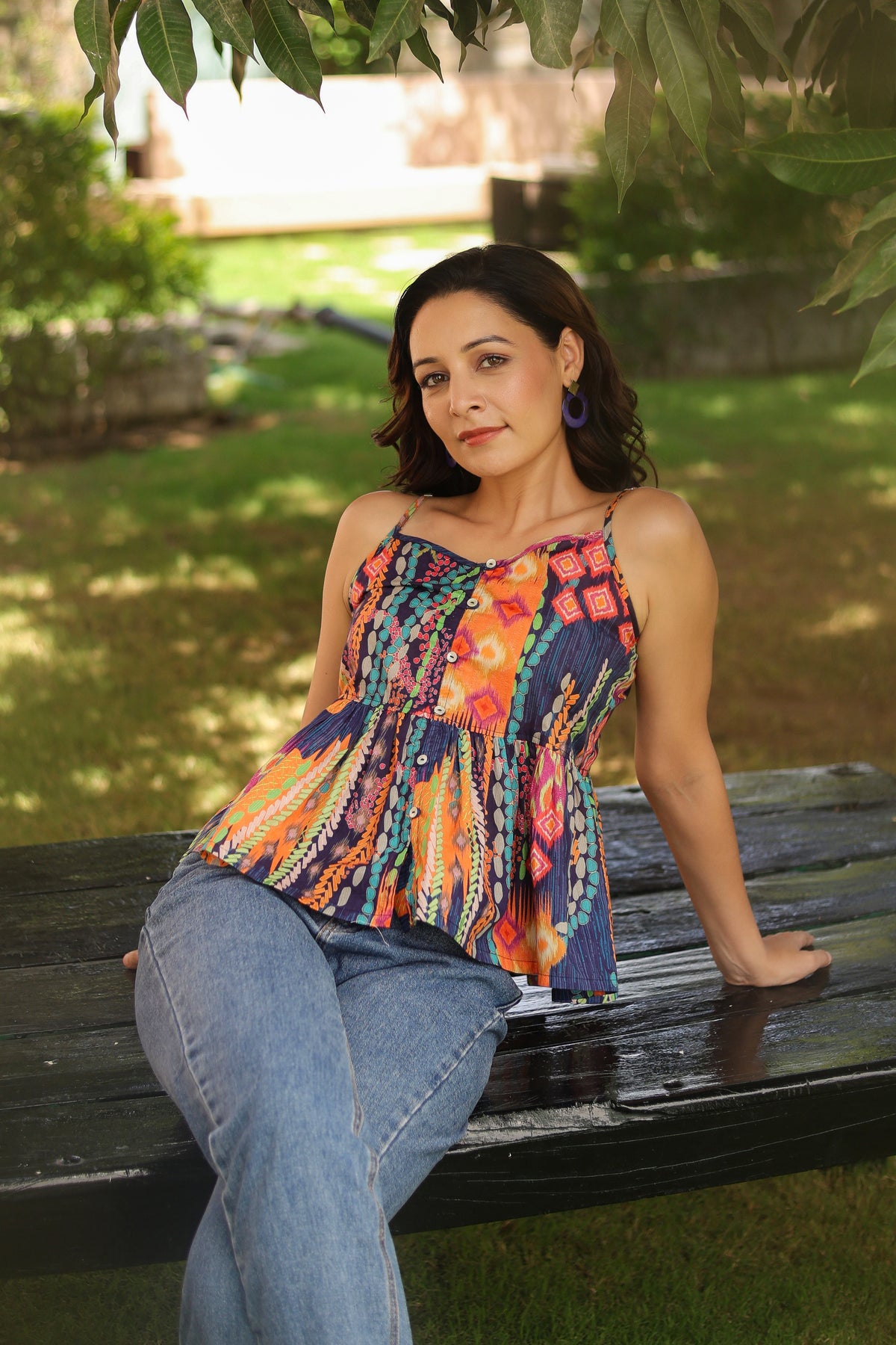 Abstract Printed Shoulder Straps Pure Cotton Peplum Crop Top
