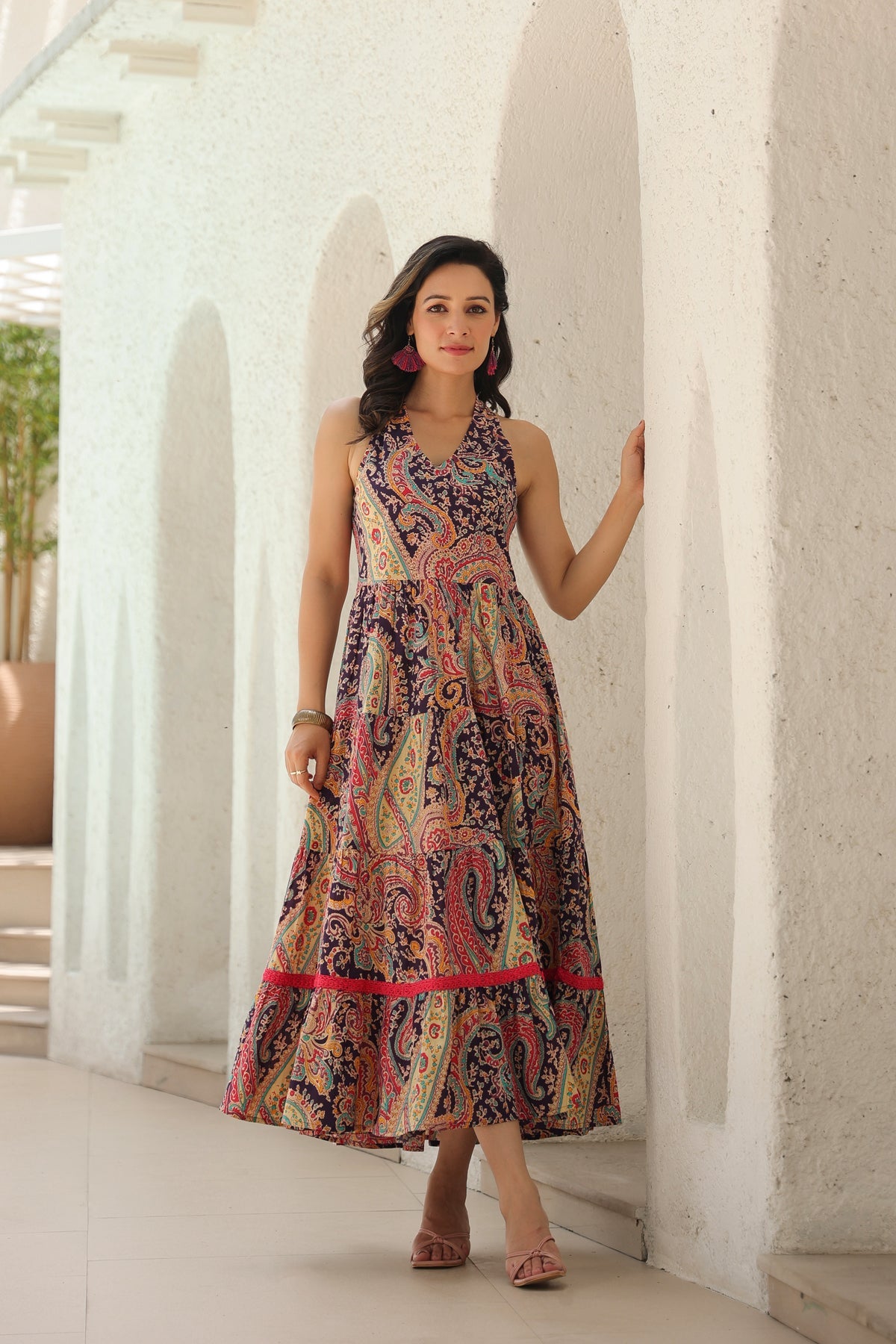 Paisley Printed Pure Cotton Fit & Flare Maxi Ethnic Dresses