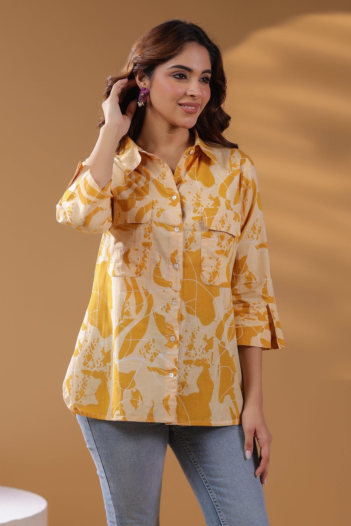 Women Pure Cotton Abstract Printed Shirt Collar Shirt Style Top