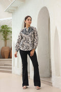 Print Mandarin Collar Puff Sleeve Cotton Shirt Style Top