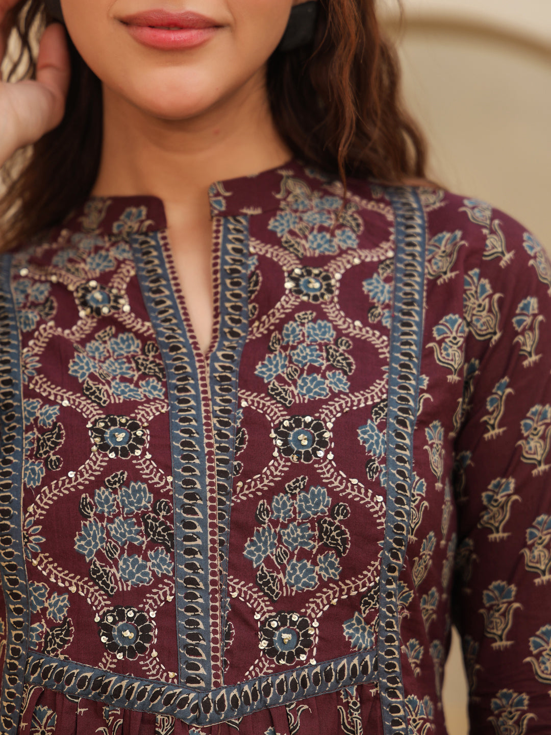 Print Mandarin Collar Cotton Top