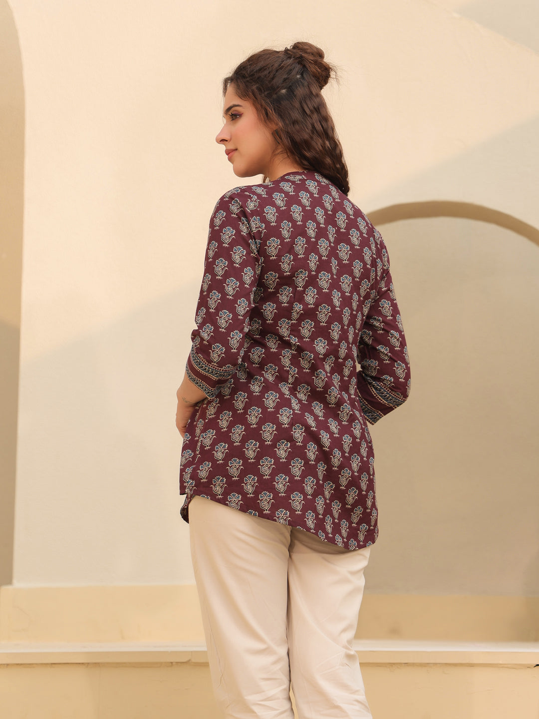 Print Mandarin Collar Cotton Top