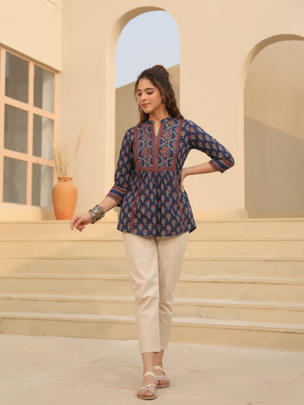 Print Mandarin Collar Cotton Shirt Style Top